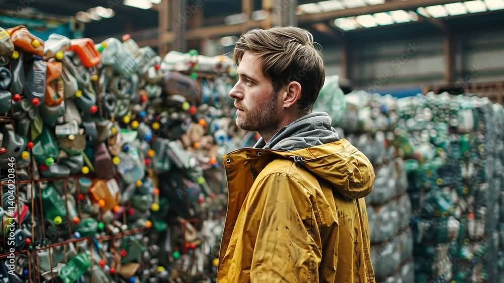 Poster in a recycling facility, a man in a yellow jacket attentively looks over a vast array of collected p