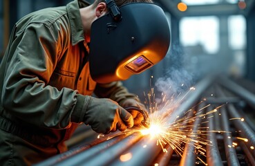 Welder at work, wearing protective mask. Sparks and smoke when welding metal. Focus on craftsmanship. Man making seams on metal surface in industrial workshop.