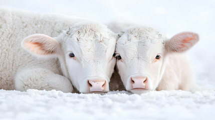 Obraz premium Two White Calves Huddled Together in Snowy Field