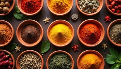 Assortment of exotic spices in small bowls. Diverse flavors and aromas of international cuisine. Culinary ingredients, cooking, herb, flavoring, taste, seasoning, for various foods.