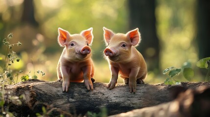 Two cute baby pigs on a log in the forest adorable piglet farm animal photography stock photo image free