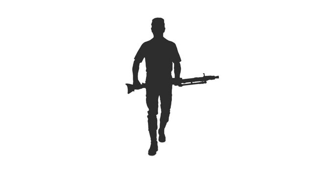 Black and white silhouette of special forces soldier walks with machine gun, Front view, Full HD footage with alpha transparency channel isolated on white background