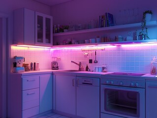 Contemporary kitchen featuring colorful ambient lighting and a minimalist design with white cabinets, appliances and open shelving. 