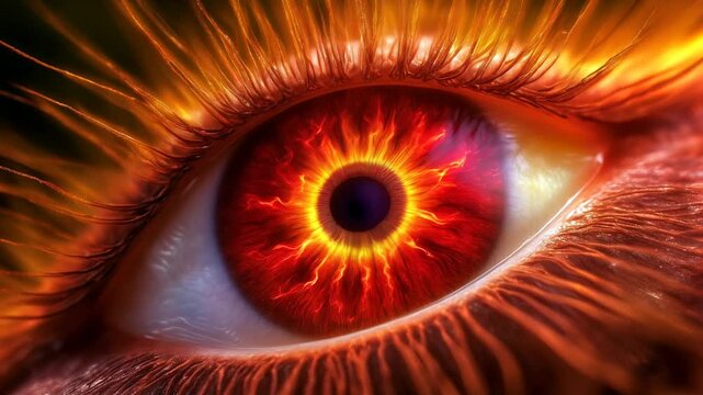 Closeup of an abstract eye with fiery flame iris and electrifying eyelashes, flames intensifying with each movement, glowing embers drifting in the dark.