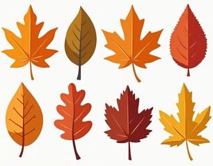 Obraz premium Illustration of colorful autumn leaves from various trees. Bright orange yellow brown red colors. Simple visual leaves set, seasonal natural design elements for fall season.