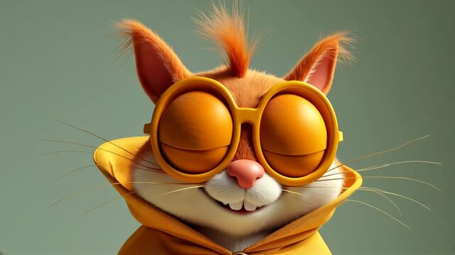 Cute goofy whimsical 3d cartoon orange cat character with bulging eyes wearing a cape, animation for children