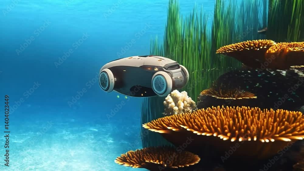 Poster an advanced robotic vehicle navigates through the ocean depths, exploring underwater terrain during 