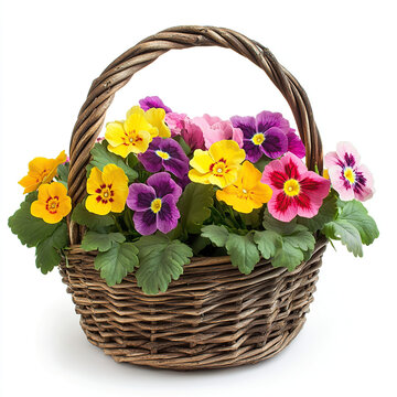 flowers, primrose basket, colorful primroses, spring flowers on white background