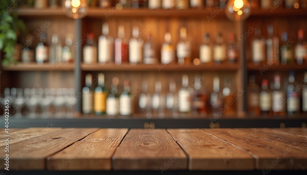 Poster wooden bar counter with blurred background of bottles on shelves. tabletop empty space for product d