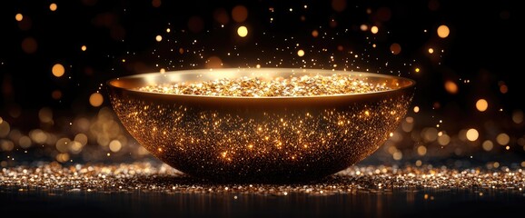 Glimmering gold bowl overflowing with shiny, sparkling particles on a dark, bokeh-lit backdrop