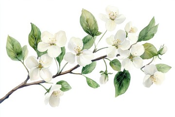 Fototapeta premium Watercolor branch white flowers green leaves
