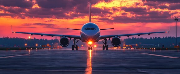 Airplane on runway at sunset