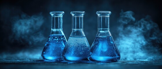 Three flasks filled with blue liquid set against a smoky background
