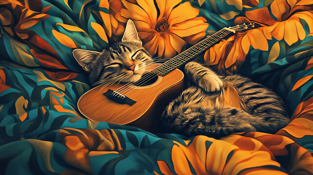 Serene kitty dreamer comfy with ukulele instrument relaxation and feline melodies acoustic. Dreamers Tapestry. Illustration