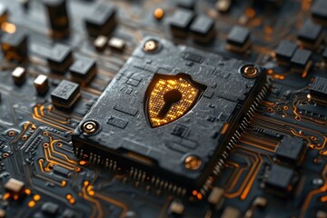A macro shot of a central processing unit with a shield design in the middle. Gold lines throughout