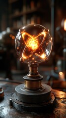 A glowing orb sits atop a metal stand, emitting radiant light in a workshop environment
