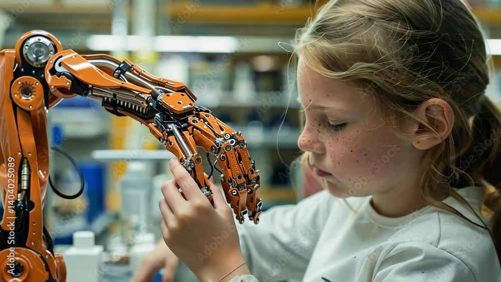 Aufkleber a young girl intently examines a sophisticated robotic arm in a contemporary workshop, highlighting 