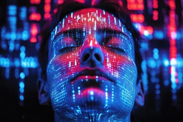 Close-up of a person's face with digital effects overlay, red and blue lights, eyes closed, and dark hair