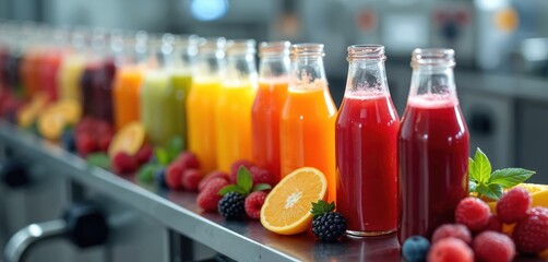 Bottles filled fresh fruit berry juices on conveyor belt. Juice production automated technology. Berries, orange slices beside juice bottles. Modern factory with food industry technology, healthy © miss irine