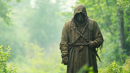 Obraz premium Mysterious Hooded Figure in a Muddy Robe with Chains Walking through a Dark Forest