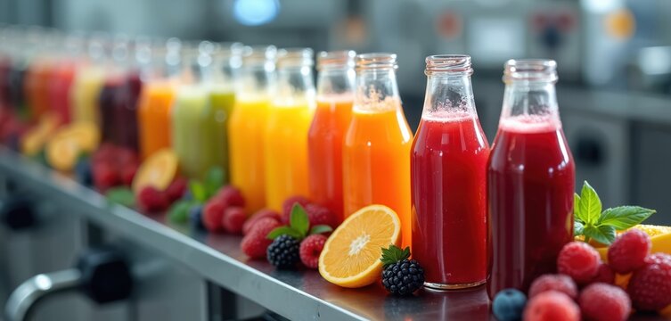 Bottles filled fresh fruit berry juices on conveyor belt. Juice production automated technology. Berries, orange slices beside juice bottles. Modern factory with food industry technology, healthy