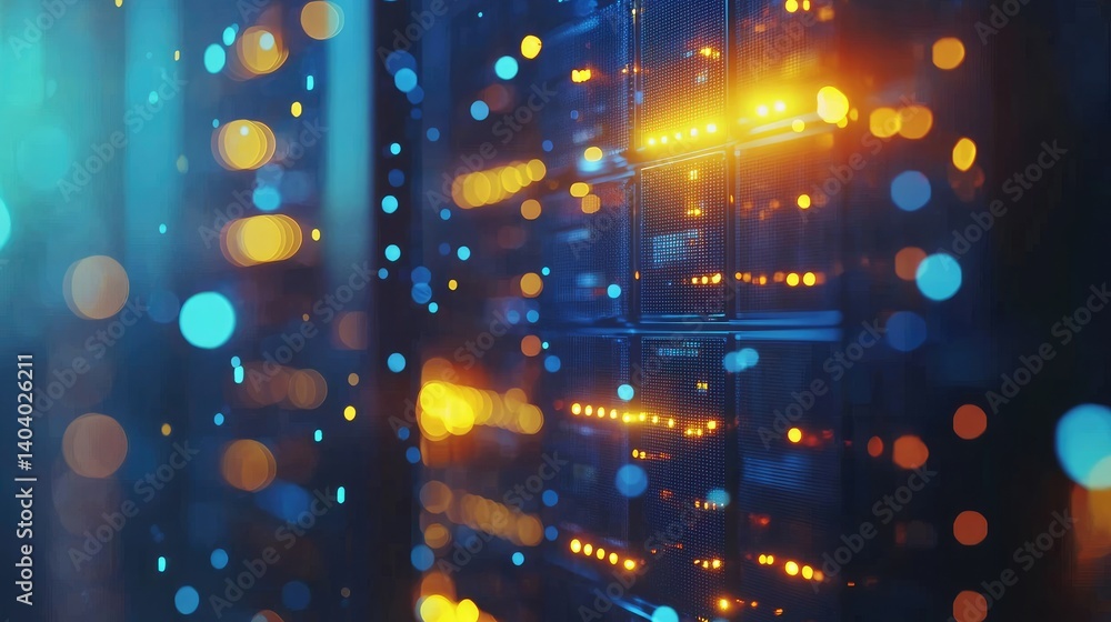 Poster modern server room with glowing blue and yellow led lights, representing data flow, cloud computing,