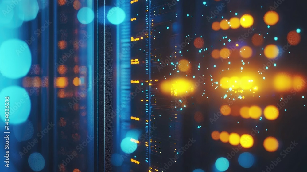 Poster futuristic server room with glowing blue and yellow lights, symbolizing data transfer, digital netwo