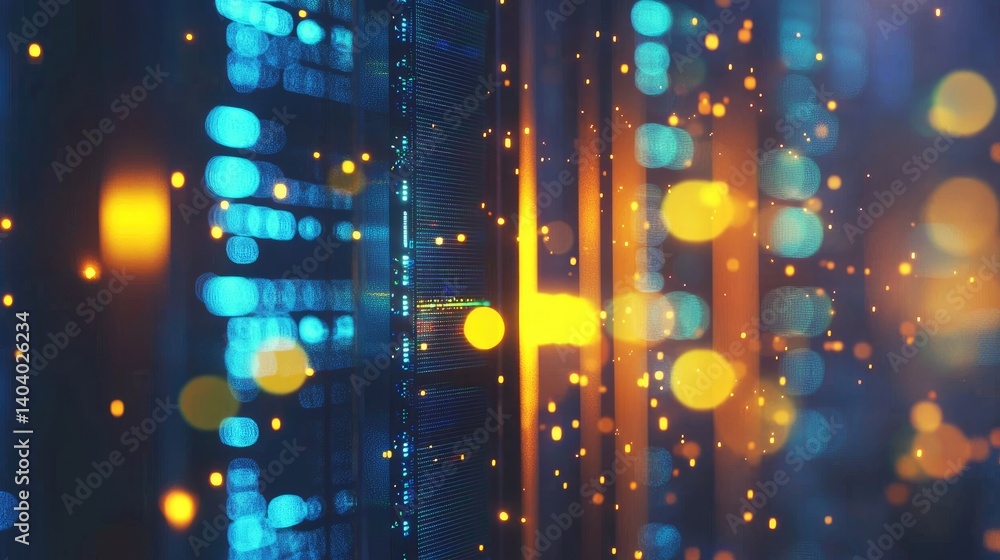 Aufkleber Abstract visualization of a glowing data center with blue and orange lights, representing fast network infrastructure. Ideal for IT services, cloud computing, and cybersecurity