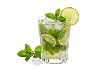 Refreshing mojito cocktail with lime and mint recipe idea isolated on white background