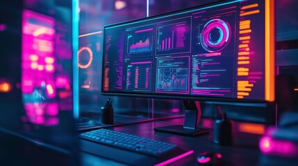 Futuristic computer screen displaying data analytics, graphs, and charts in a modern office setting with vibrant neon lighting.