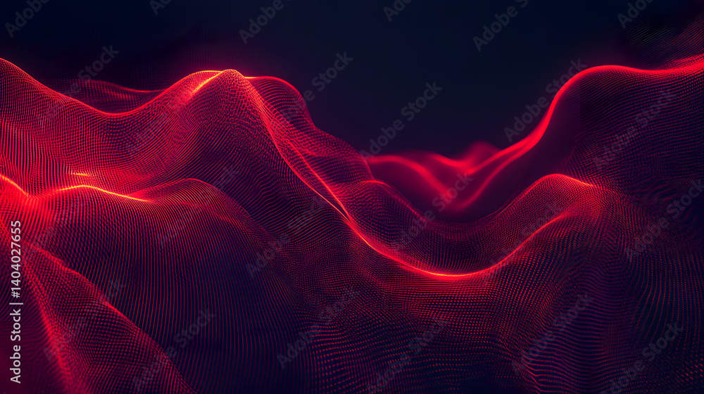 Poster abstract digital landscape with flowing red lines and waves on a dark background.