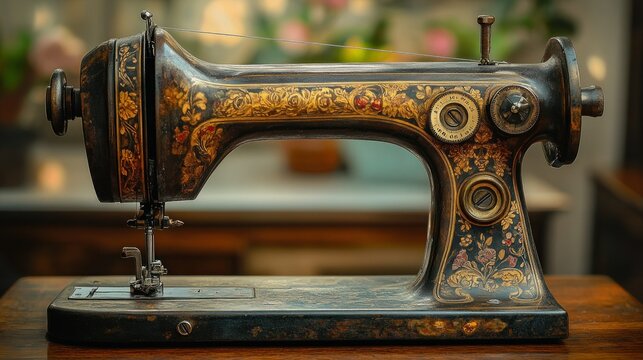 Antique sewing machine with intricate decorative details.  Ornate design, vintage aesthetic, perfectly preserved.  Engineered precision, heirloom quality