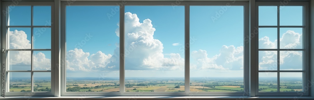 Poster view of blue sky with fluffy clouds through window. serene daytime scenic landscape. peaceful nature