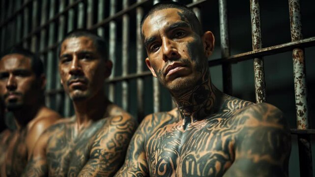Defiant serious Group of hispanic tattooed gang member inmates posing in jail looking at camera