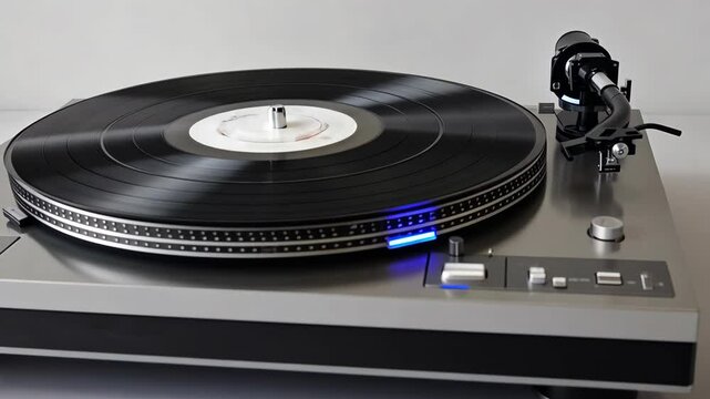 Retro turntable playing black vinyl record, emphasizing audio culture and vintage music appreciation, with a silver design