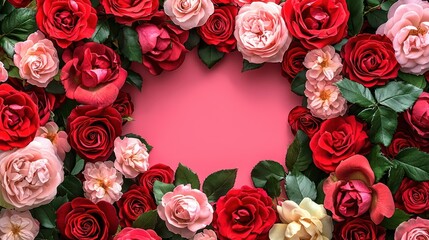 calligraphy frame surrounded by bold red roses and soft pink blooms, ideal for customizable text, isolated on transparent PNG background