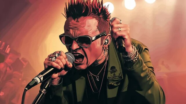 Punk Rock Music Cartoon Character with Microphone and Gun in Dark Studio Setting