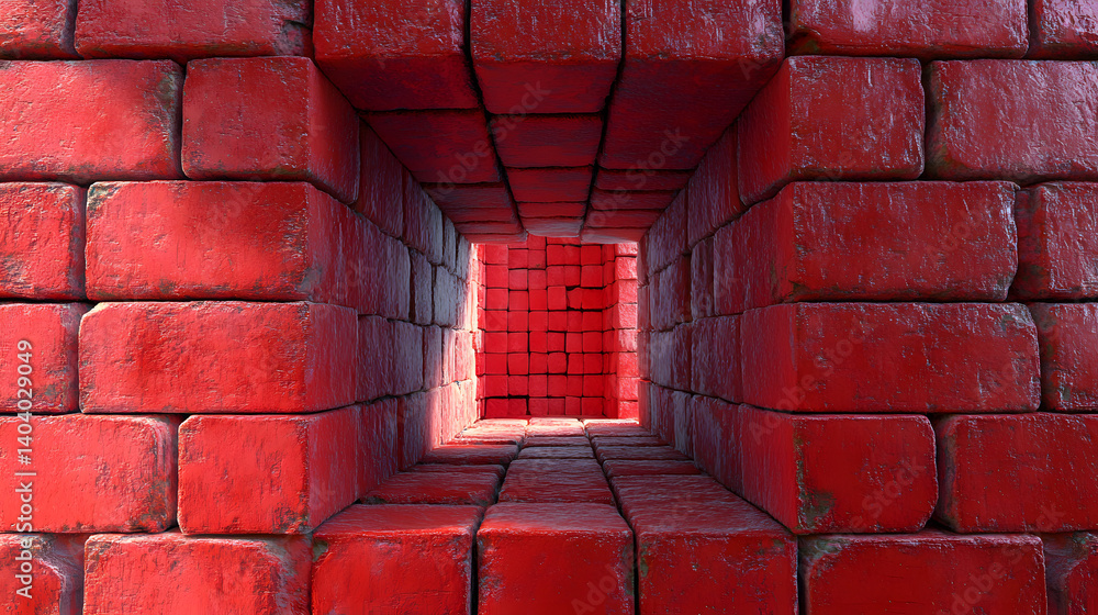 Poster a striking perspective of a red brick tunnel, creating depth and focus on the vibrant colors and tex