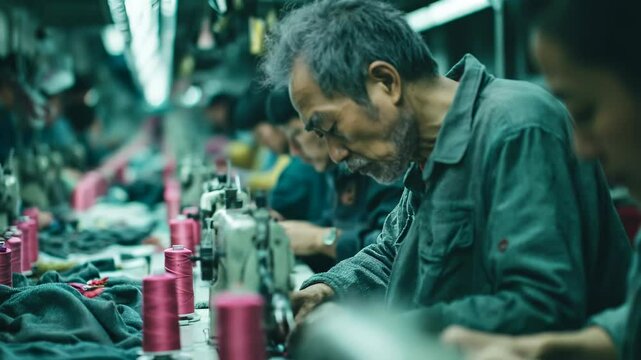 Asian prison inmate sewing worker male workers in textile factory busy sewing with industrial sewing machines	