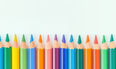 Row of colorful sharpened pencils forming a bottom border on white background