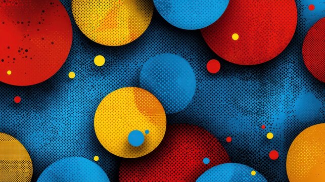 Abstract Colorful Circles Background: A vibrant composition of overlapping circles in red, yellow, and blue hues, set against a textured blue backdrop. The artwork exudes energy and visual dynamism.