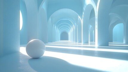 Serene Blue Arched Hallway with White Sphere