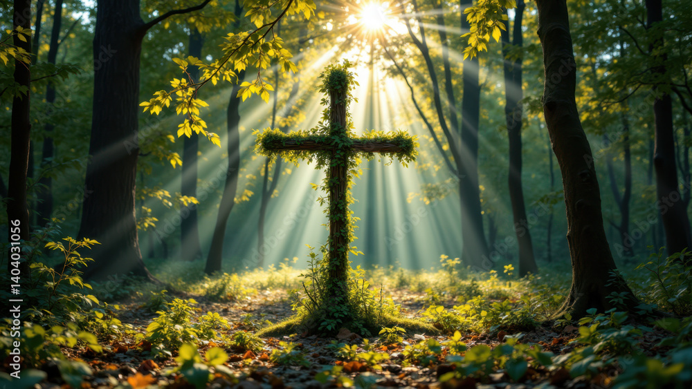 Poster cross standing on a forest floor with sunlight shining through trees.