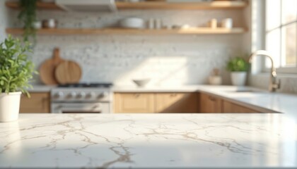 Marble countertop in modern kitchen. Blurred white interior, blank space for product display. Kitchen design with light, focus on counter surface for food, drink, decor presentation. Empty table