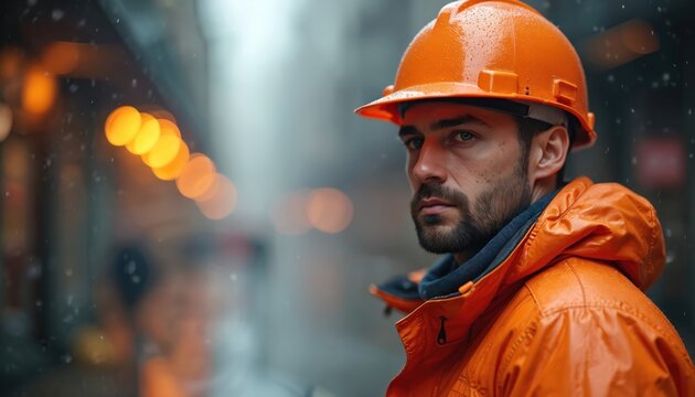Man wearing hard hat orange jacket outdoors. Construction worker looking at camera, close-up. Pro, confident, high visibility workwear, safety gear. Industrial site background, industry job
