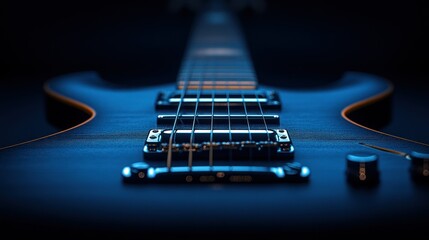 Close-up of a dark blue electric guitar neck.  Focused on the fretboard and strings