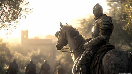 Fototapeta premium Medieval Knight on Horseback at Sunset