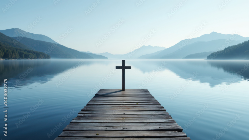Poster a tranquil scene with a dock extending into calm waters under majestic mountains, featuring an illum