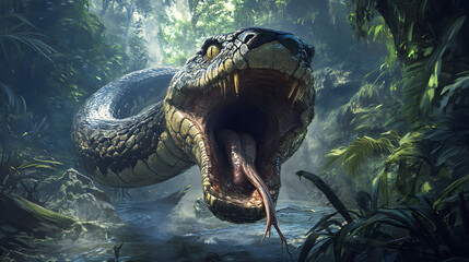 A massive serpent emerges from the jungle, its mouth wide open, revealing sharp fangs and a menacing presence.