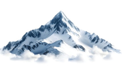 A majestic snowy mountain peak rising above fluffy clouds, showcasing natural beauty and serenity in a breathtaking alpine landscape.